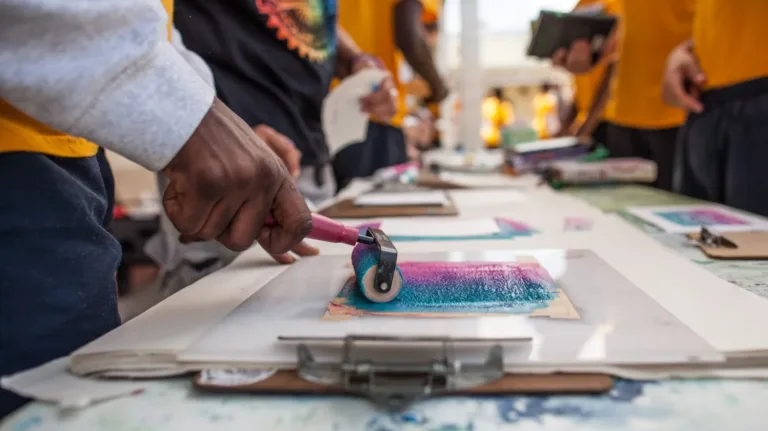 Hands roll pink and blue ink across a printmaking plate during a NOMADstudio art session.