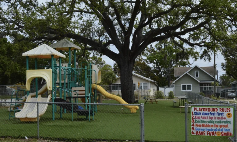 The fenced playground and large oak tree at Infinite Potential Learning Academy in South St. Petersburg.