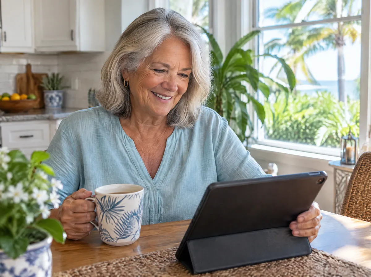 A woman smiles as she reviews her giving on a tablet at her kitchen table
