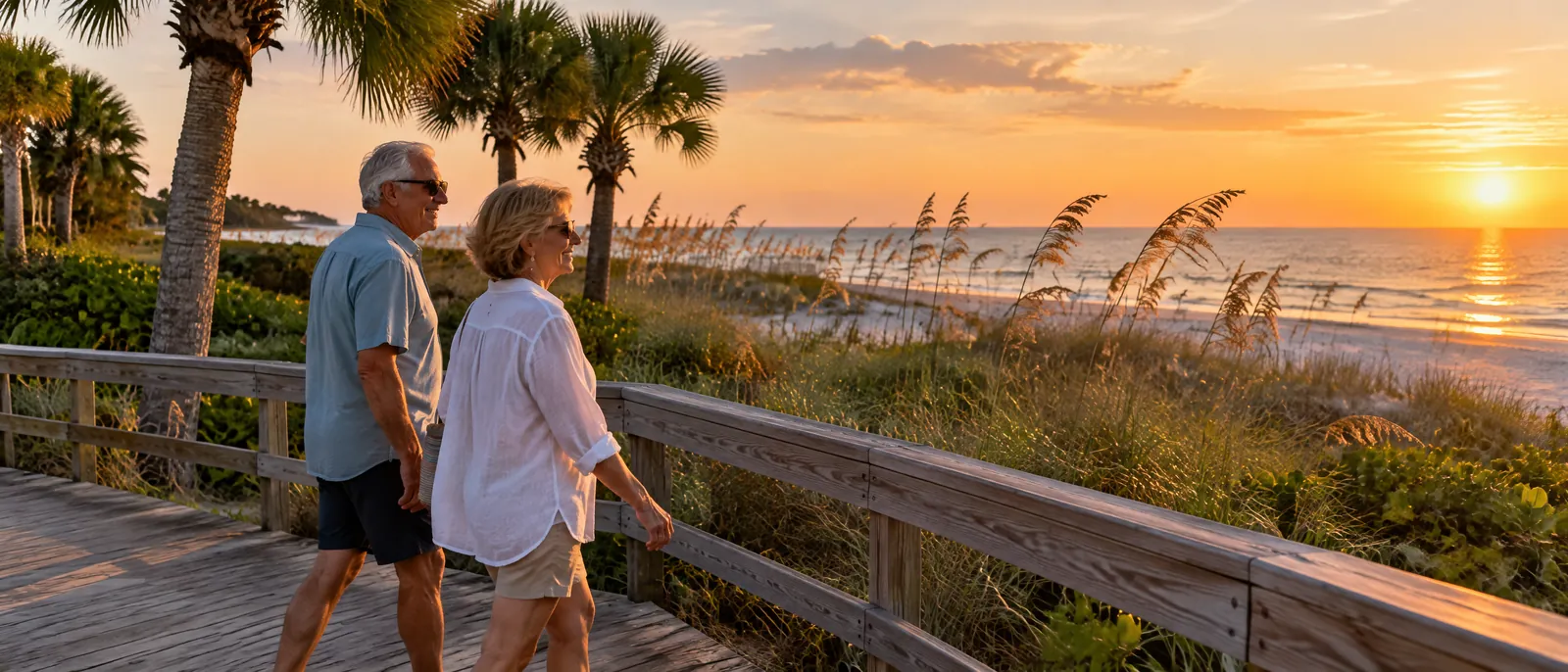 A retired couple walks along a beach boardwalk at sunset