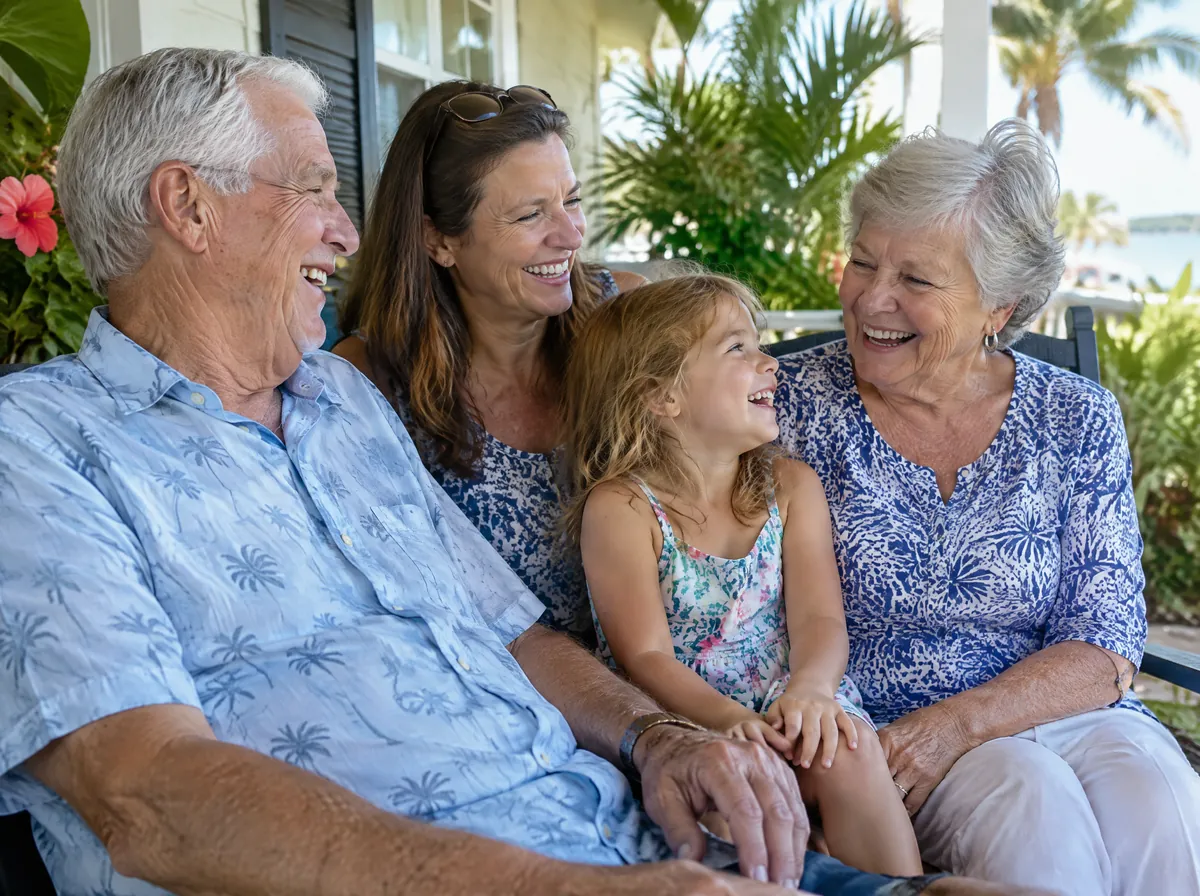Grandparents laugh with their daughter and granddaughter on a porch