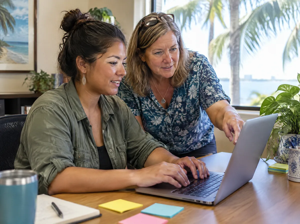 Two nonprofit colleagues work on a grant application at a laptop