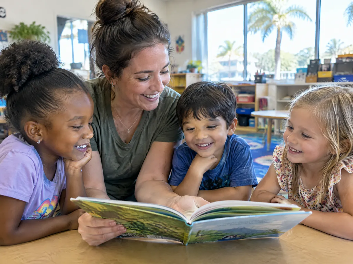 A volunteer reads a picture book with three young children