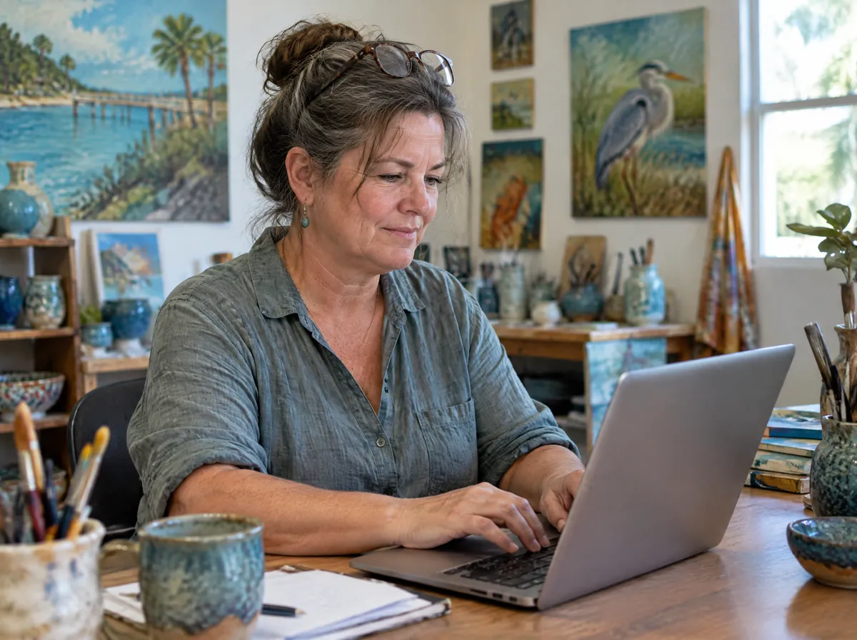 The director of a small arts organization works at her laptop