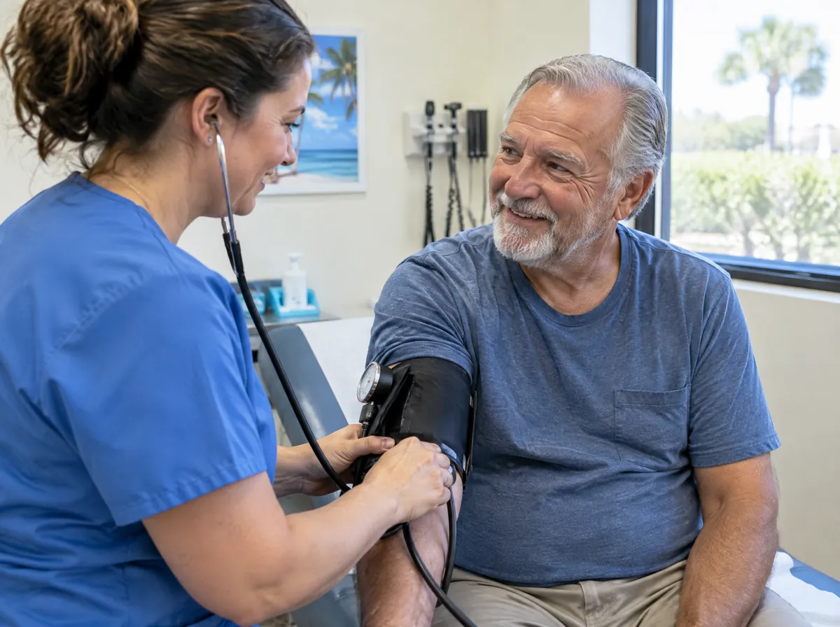 A nurse checks the blood pressure of an older man at a community clinic