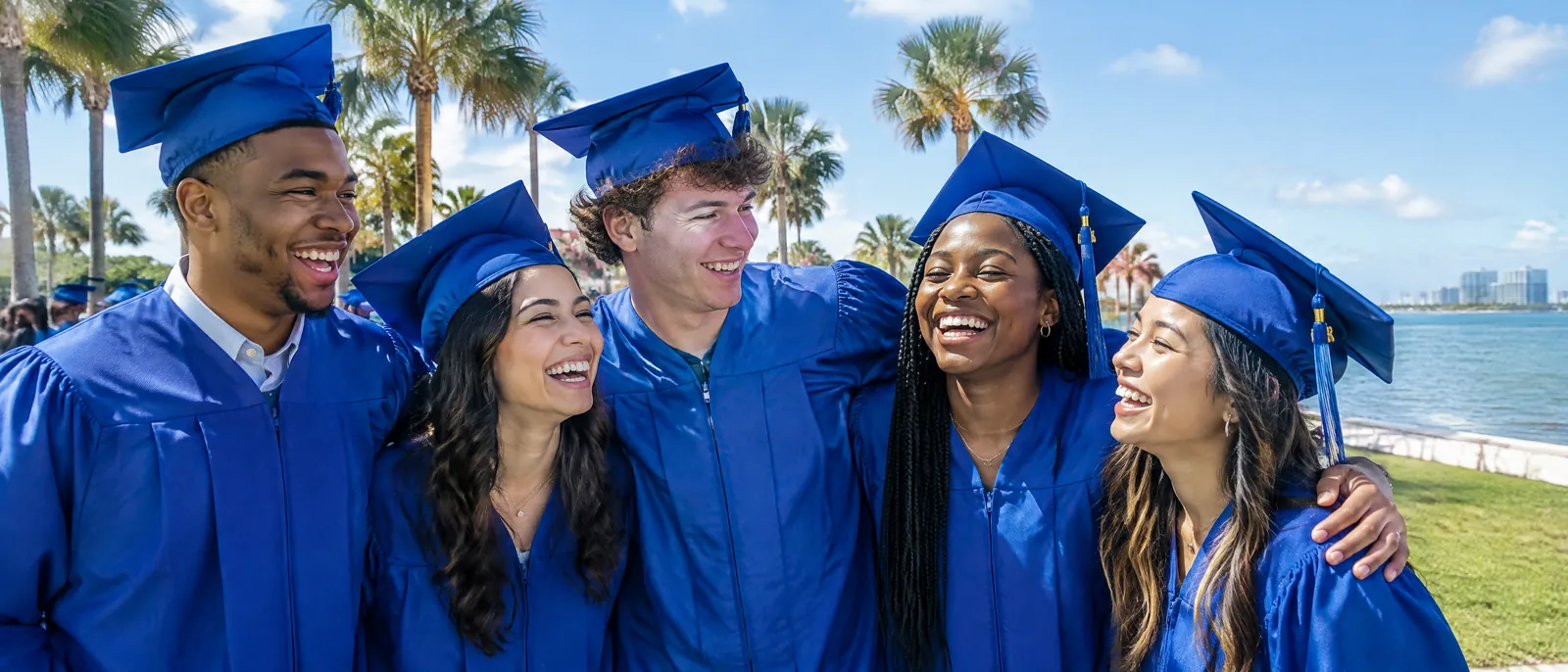 Five graduates in blue caps and gowns celebrate together outdoors